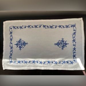 Kashmir crewel hand embroidered center piece place mat blue on white 23" x 14"
